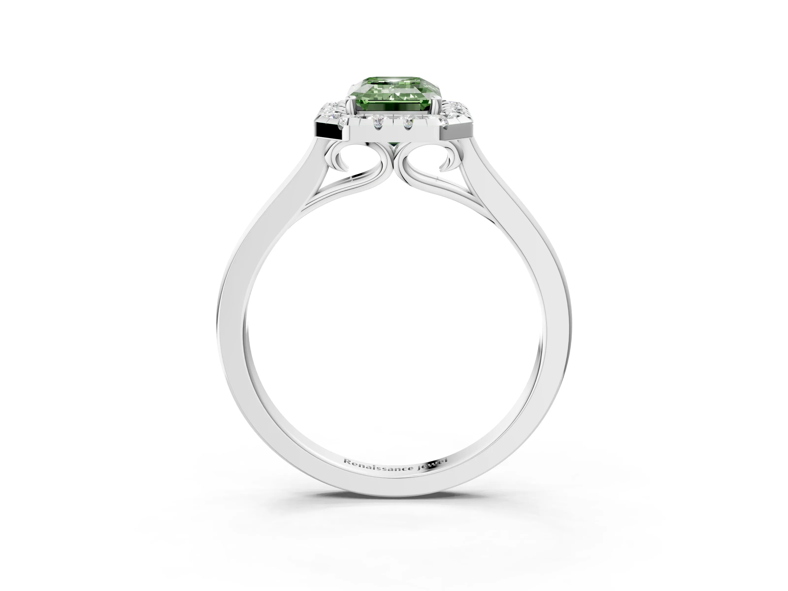 White gold Fancy Green Emerald Cut Halo Round Diamond Solitaire Ring with Pavé Band and Four-Prong Setting_3