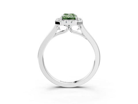 White gold Fancy Green Emerald Cut Halo Round Diamond Solitaire Ring with Pavé Band and Four-Prong Setting_3