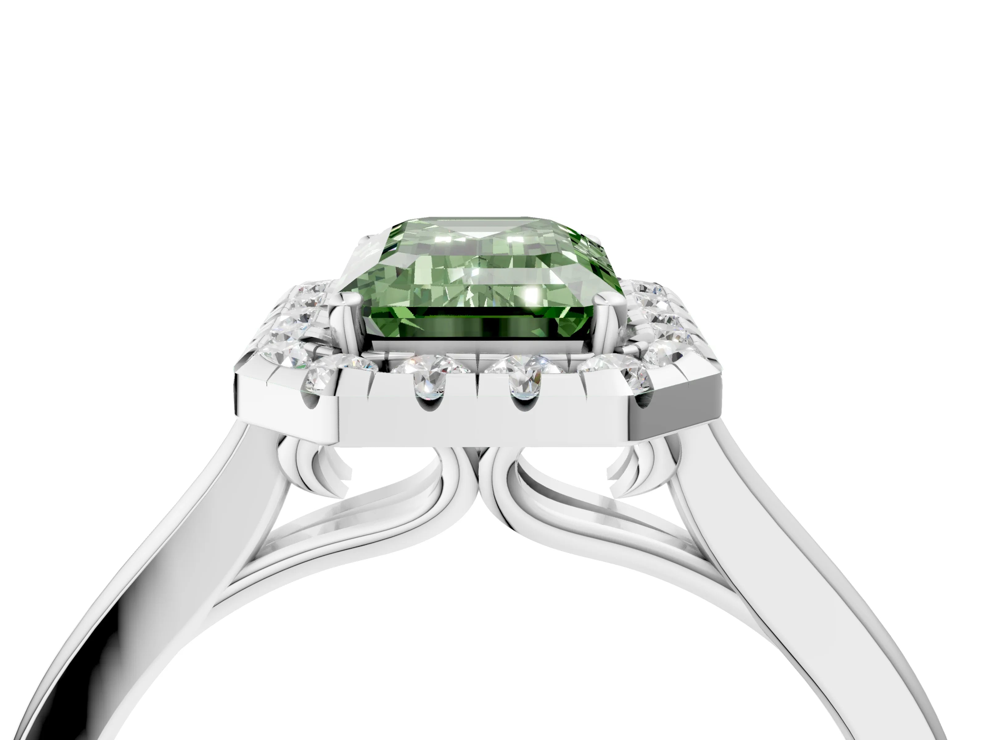 White gold Fancy Green Emerald Cut Halo Round Diamond Solitaire Ring with Pavé Band and Four-Prong Setting_4