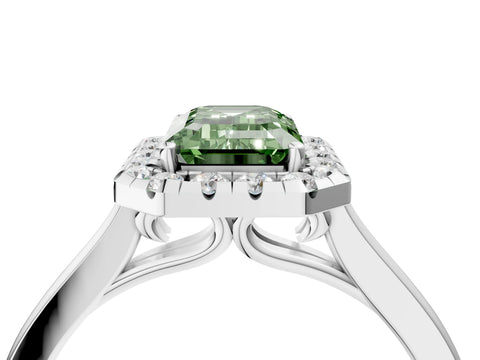 White gold Fancy Green Emerald Cut Halo Round Diamond Solitaire Ring with Pavé Band and Four-Prong Setting_4