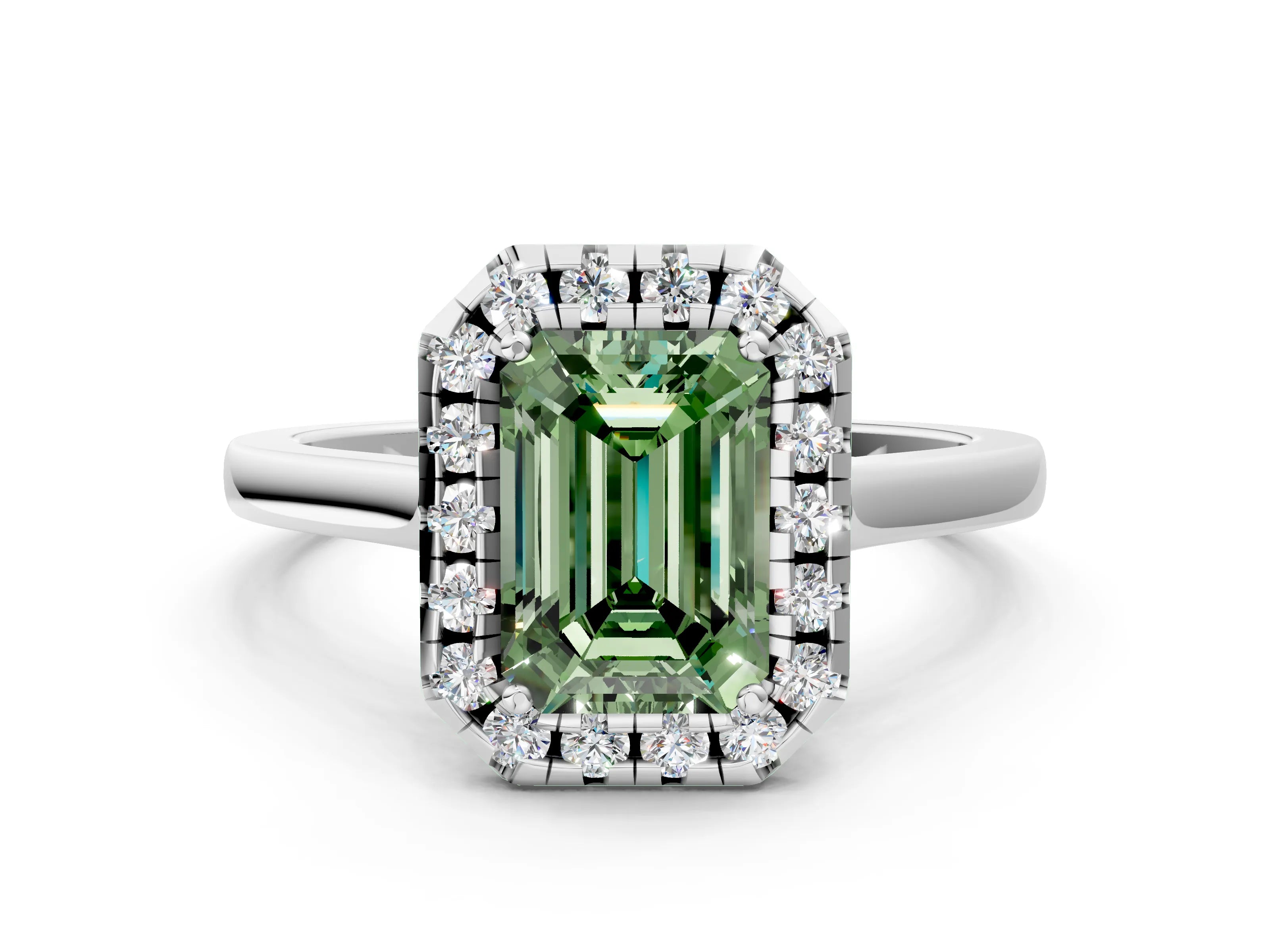 White gold Fancy Green Emerald Cut Halo Round Diamond Solitaire Ring with Pavé Band and Four-Prong Setting