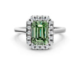White gold Fancy Green Emerald Cut Halo Round Diamond Solitaire Ring with Pavé Band and Four-Prong Setting
