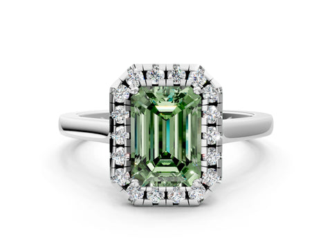 White gold Fancy Green Emerald Cut Halo Round Diamond Solitaire Ring with Pavé Band and Four-Prong Setting