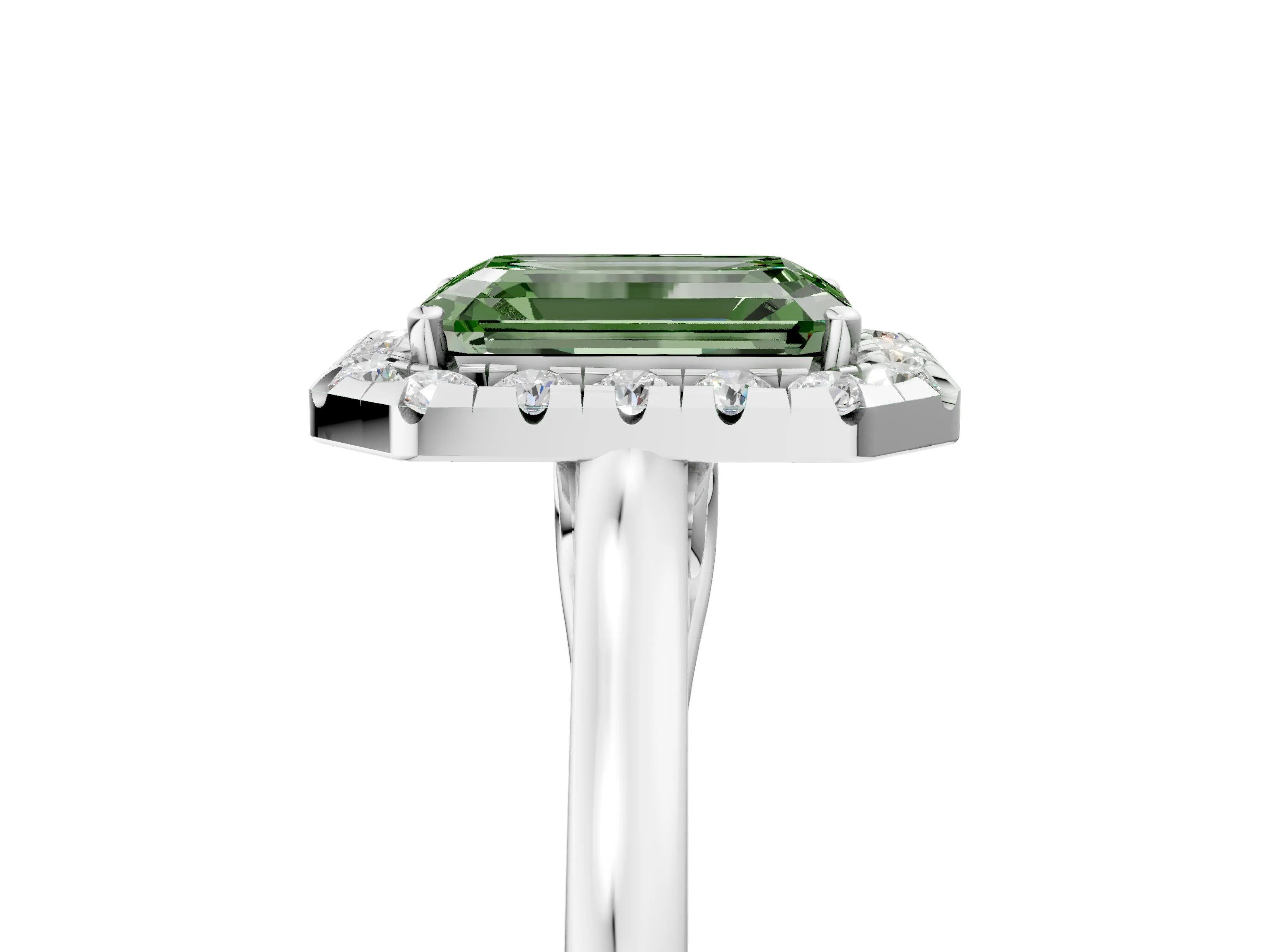 White gold Fancy Green Emerald Cut Halo Round Diamond Solitaire Ring with Pavé Band and Four-Prong Setting_5