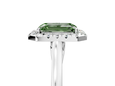 White gold Fancy Green Emerald Cut Halo Round Diamond Solitaire Ring with Pavé Band and Four-Prong Setting_5