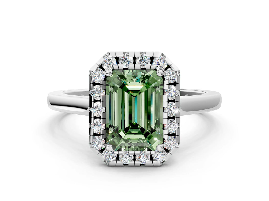 White gold Fancy Green Emerald Cut Halo Round Diamond Solitaire Ring with Pavé Band and Four-Prong Setting