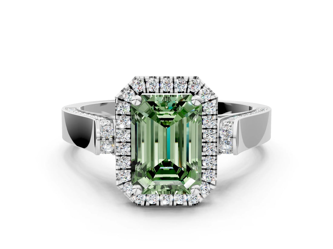 White gold Fancy Green Emerald Cut Halo Round Diamond Twist Band with Four-Prong Setting_24