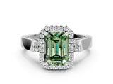 White gold Fancy Green Emerald Cut Halo Round Diamond Twist Band with Four-Prong Setting_24