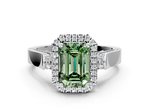 White gold Fancy Green Emerald Cut Halo Round Diamond Twist Band with Four-Prong Setting_24