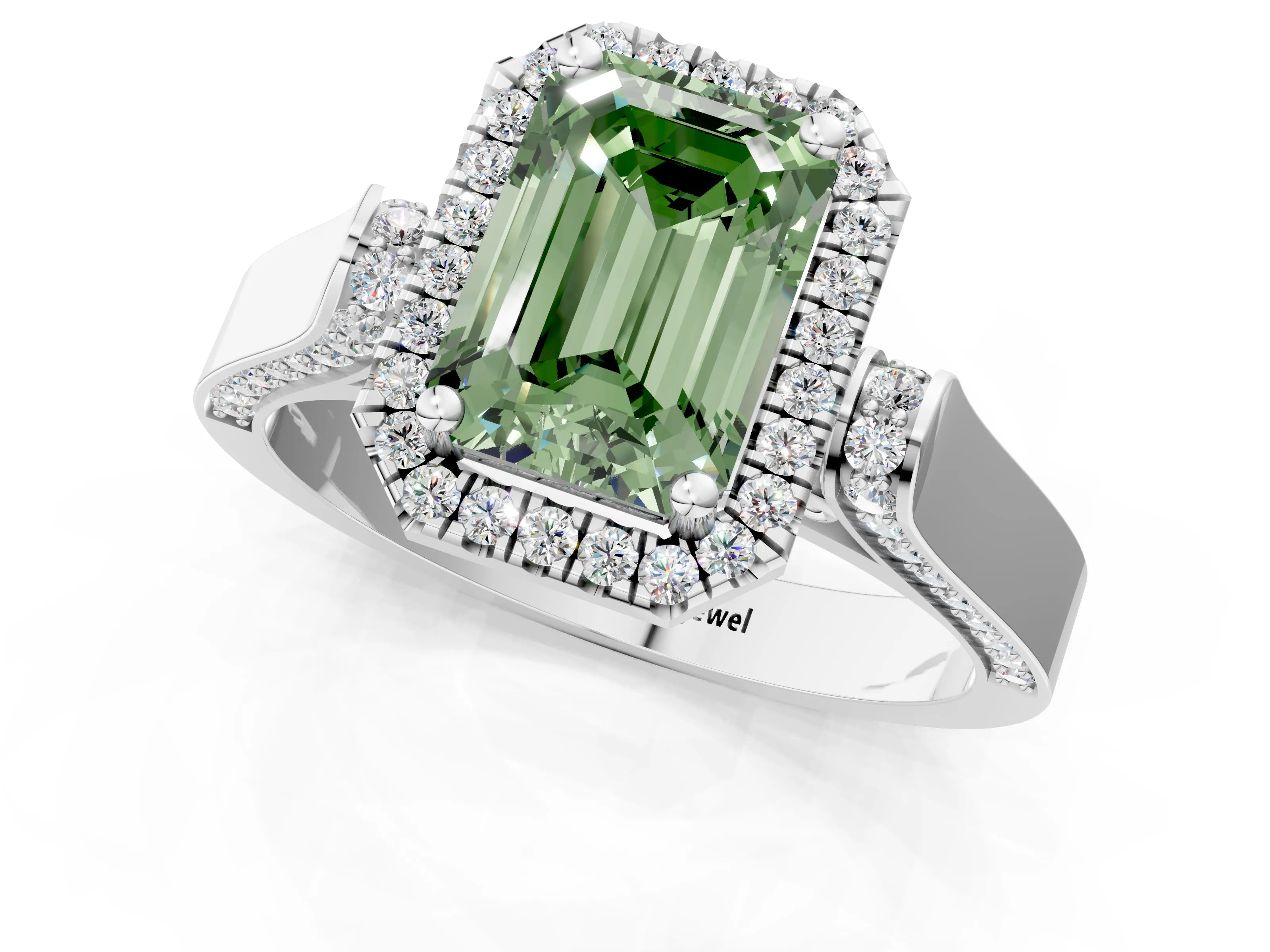 White gold Fancy Green Emerald Cut Halo Round Diamond Twist Band with Four-Prong Setting_25
