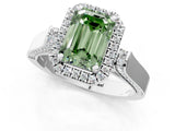 White gold Fancy Green Emerald Cut Halo Round Diamond Twist Band with Four-Prong Setting_25