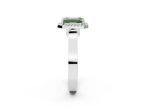 White gold Fancy Green Emerald Cut Halo Round Diamond Twist Band with Four-Prong Setting_26