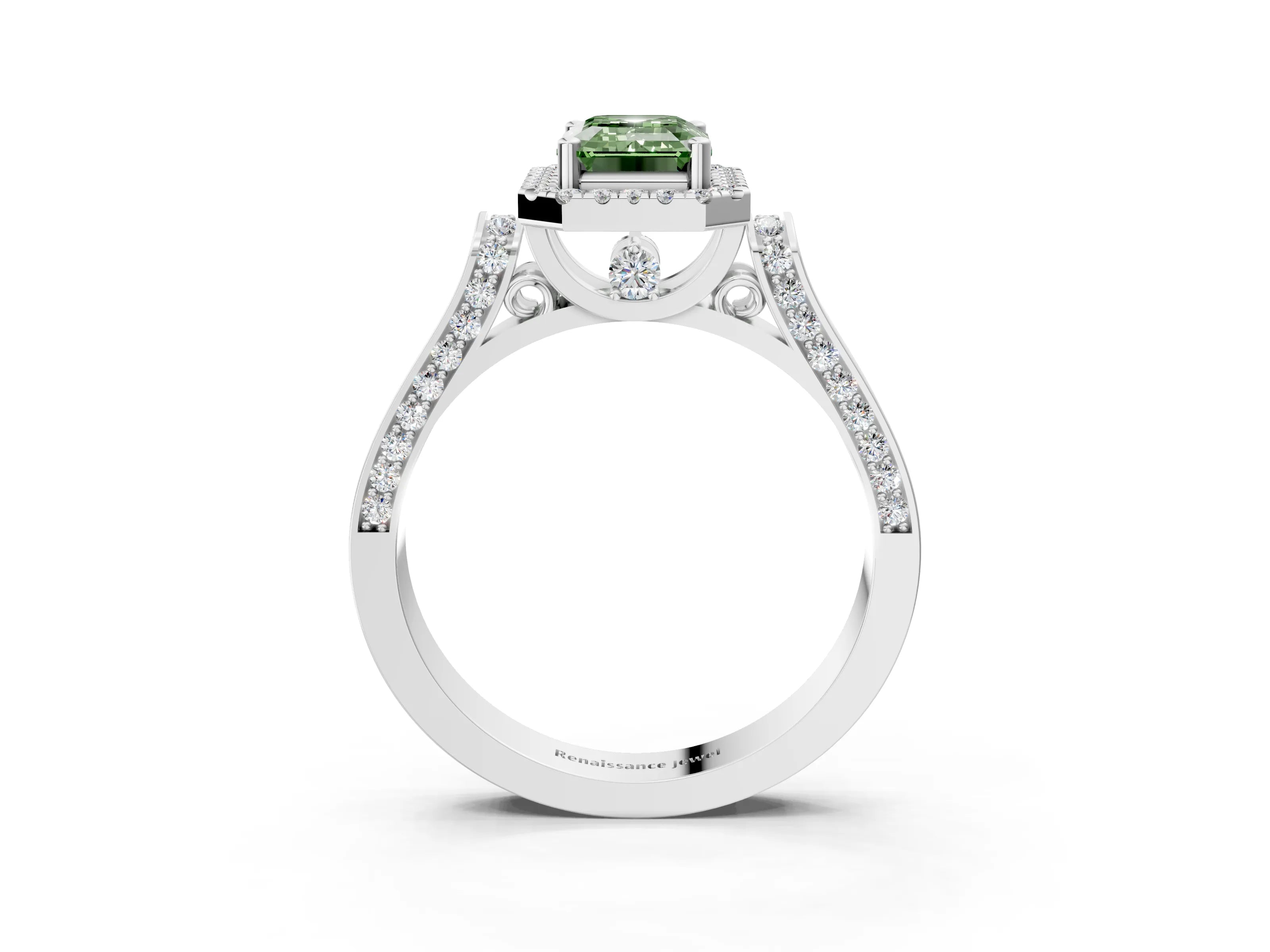 White gold Fancy Green Emerald Cut Halo Round Diamond Twist Band with Four-Prong Setting_27