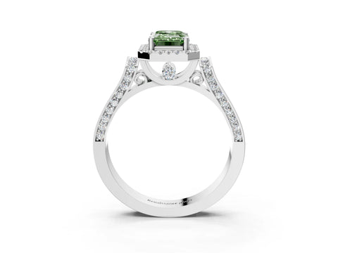 White gold Fancy Green Emerald Cut Halo Round Diamond Twist Band with Four-Prong Setting_27