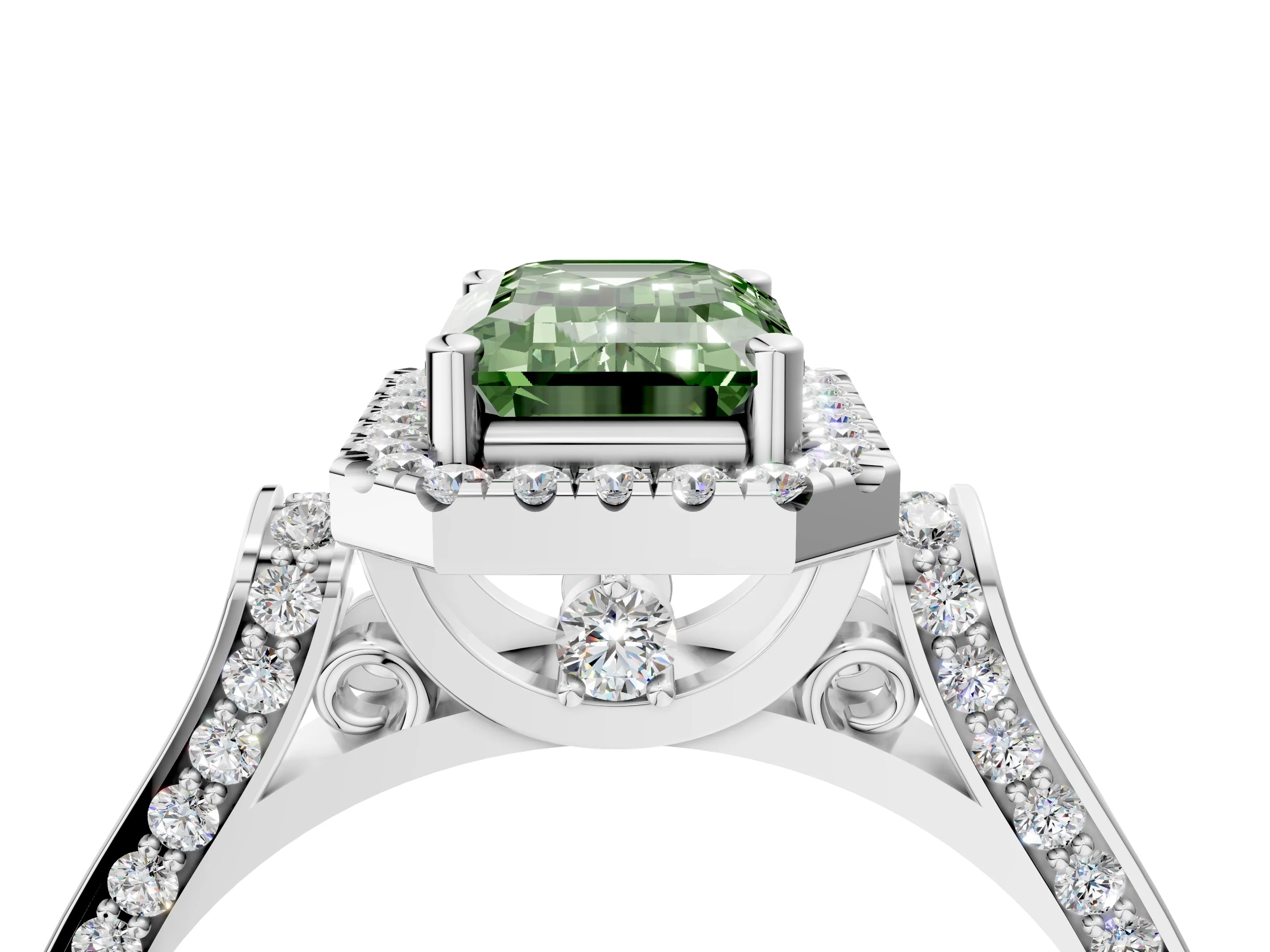 White gold Fancy Green Emerald Cut Halo Round Diamond Twist Band with Four-Prong Setting_28