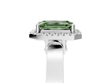 White gold Fancy Green Emerald Cut Halo Round Diamond Twist Band with Four-Prong Setting_29