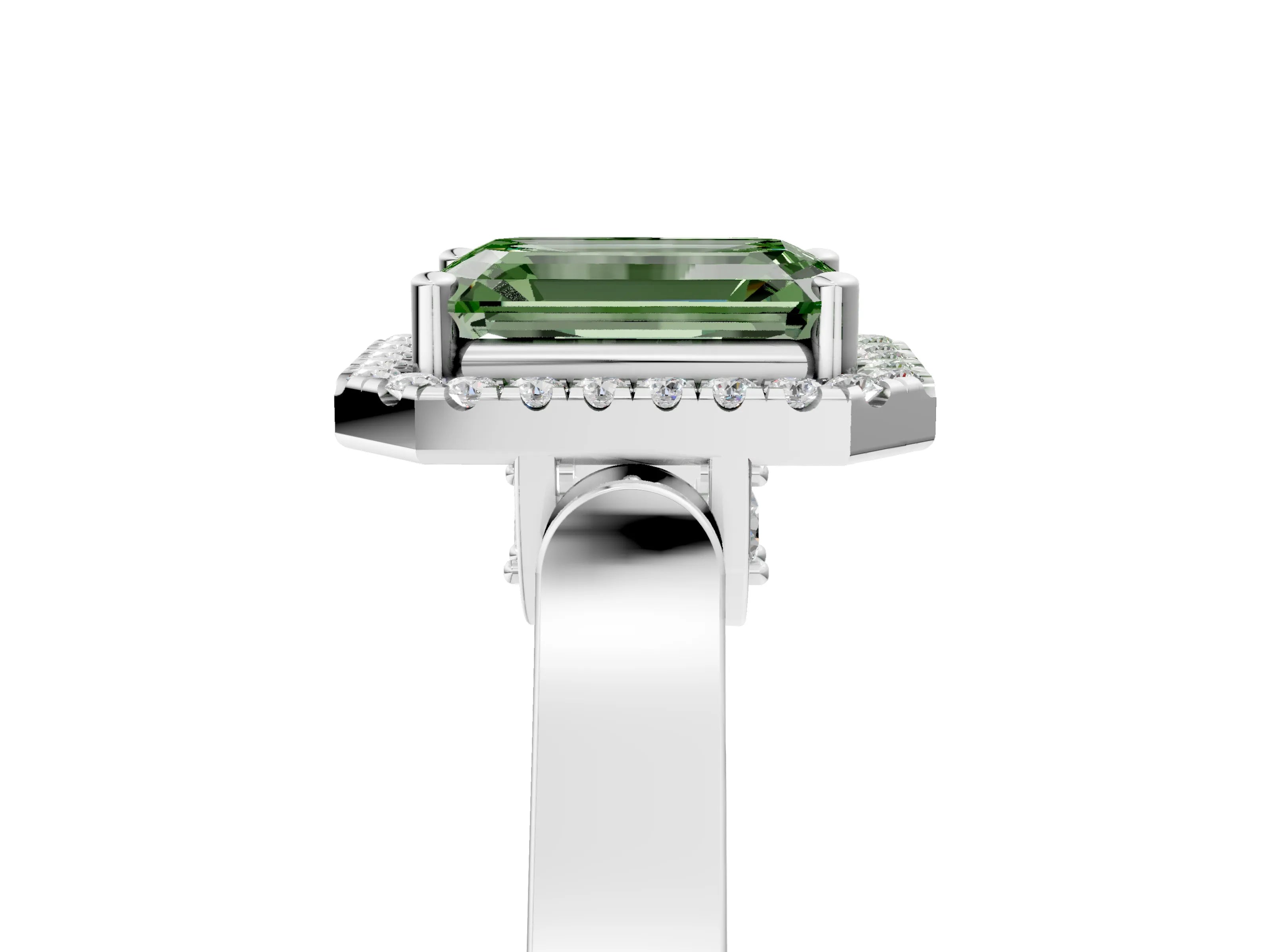 White gold Fancy Green Emerald Cut Halo Round Diamond Twist Band with Four-Prong Setting_29