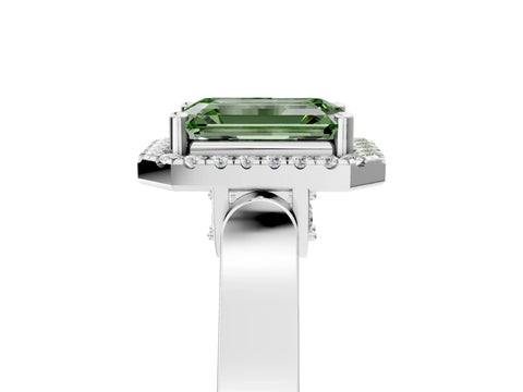 White gold Fancy Green Emerald Cut Halo Round Diamond Twist Band with Four-Prong Setting_29