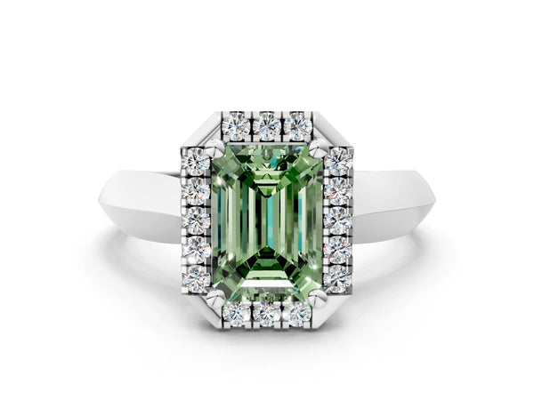 White gold Fancy Green Emerald  Cut Halo Solitaire Engagement Ring with Square Band and Four-Prong Setting