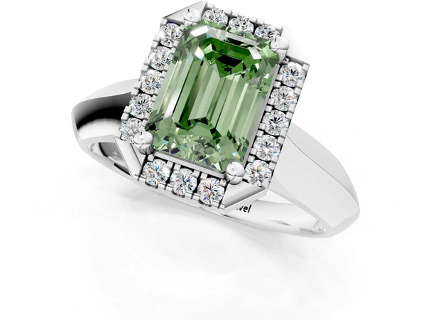 White gold Fancy Green Emerald  Cut Halo Solitaire Engagement Ring with Square Band and Four-Prong Setting