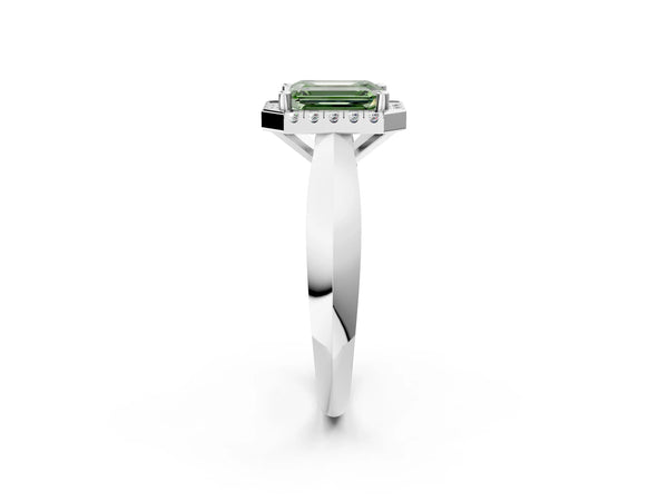White gold Fancy Green Emerald  Cut Halo Solitaire Engagement Ring with Square Band and Four-Prong Setting