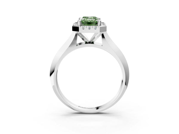 White gold Fancy Green Emerald  Cut Halo Solitaire Engagement Ring with Square Band and Four-Prong Setting
