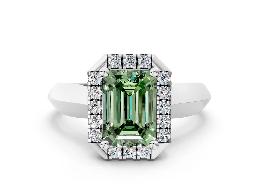 White gold Fancy Green Emerald  Cut Halo Solitaire Engagement Ring with Square Band and Four-Prong Setting_12