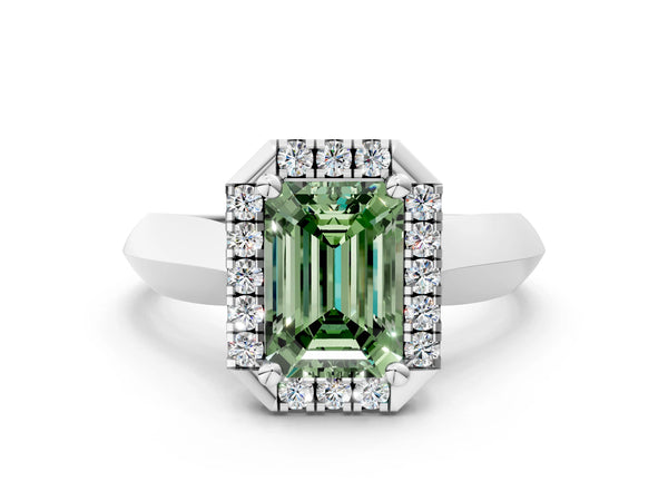 White gold Fancy Green Emerald  Cut Halo Solitaire Engagement Ring with Square Band and Four-Prong Setting