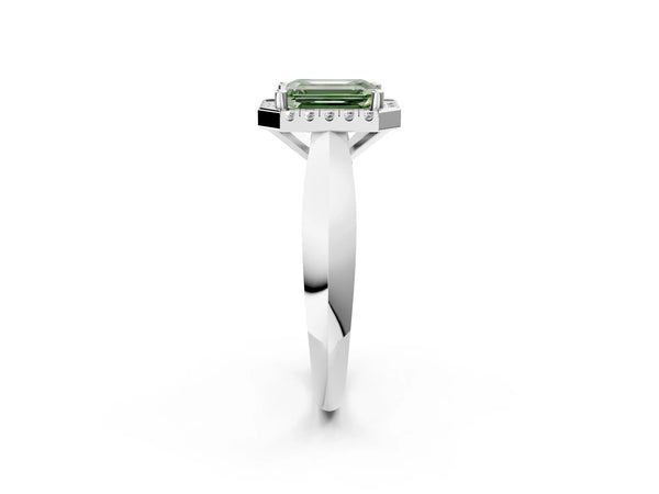 White gold Fancy Green Emerald  Cut Halo Solitaire Engagement Ring with Square Band and Four-Prong Setting