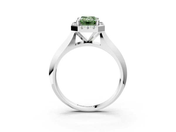 White gold Fancy Green Emerald  Cut Halo Solitaire Engagement Ring with Square Band and Four-Prong Setting