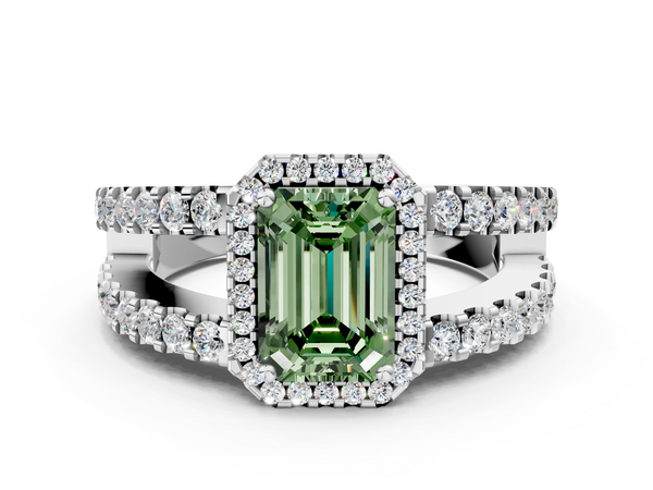 Platinum Fancy Green Emerald  Cut Halo Split Shank Diamond Ring with Four-Prong Setting
