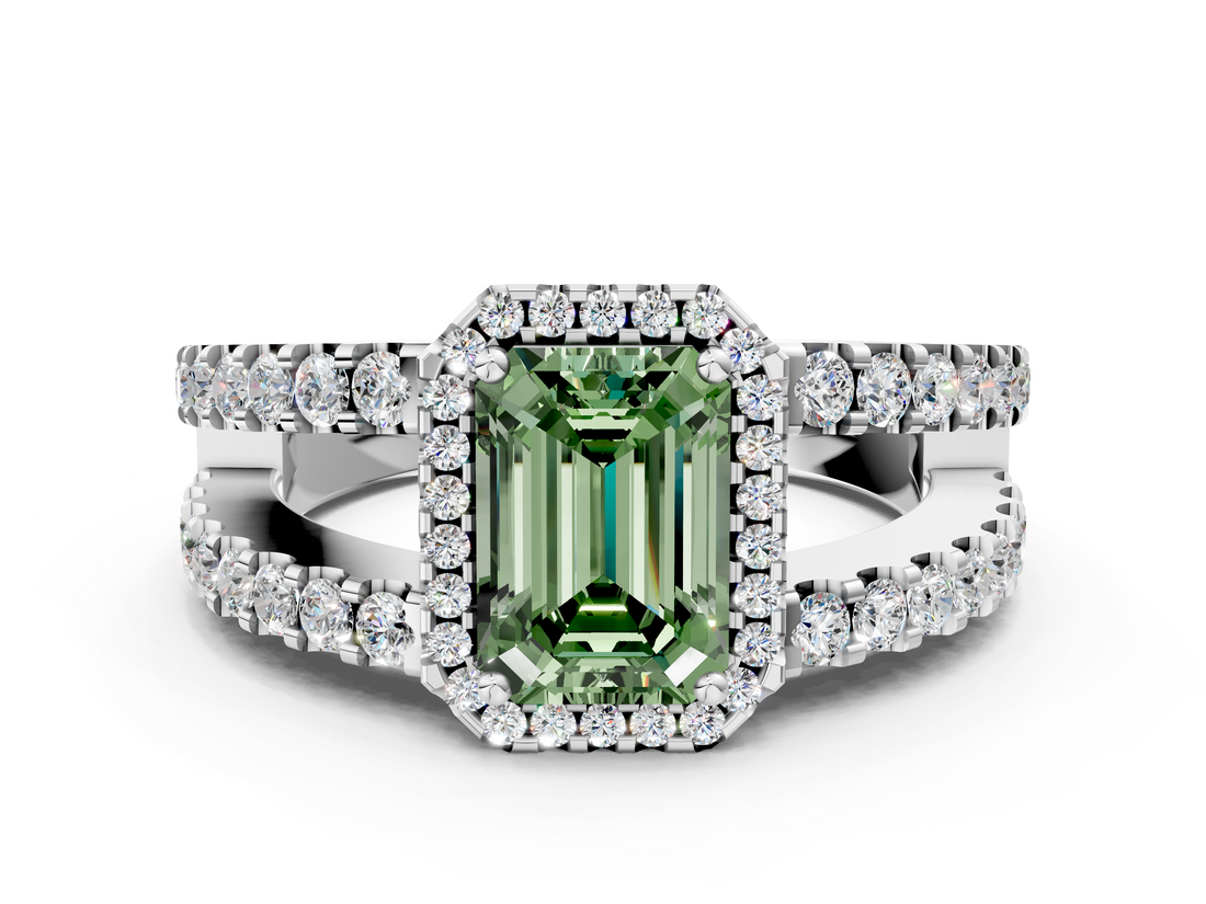 White gold Fancy Green Emerald  Cut Halo Split Shank Diamond Ring with Four-Prong Setting_45