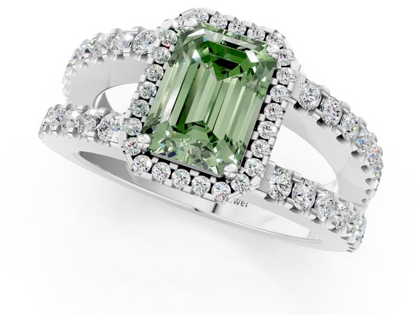 Platinum Fancy Green Emerald  Cut Halo Split Shank Diamond Ring with Four-Prong Setting