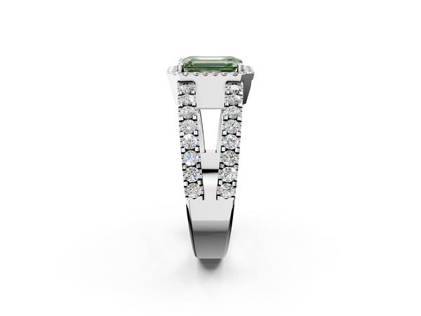 Platinum Fancy Green Emerald  Cut Halo Split Shank Diamond Ring with Four-Prong Setting