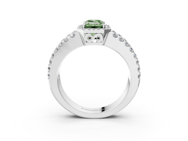 Platinum Fancy Green Emerald  Cut Halo Split Shank Diamond Ring with Four-Prong Setting