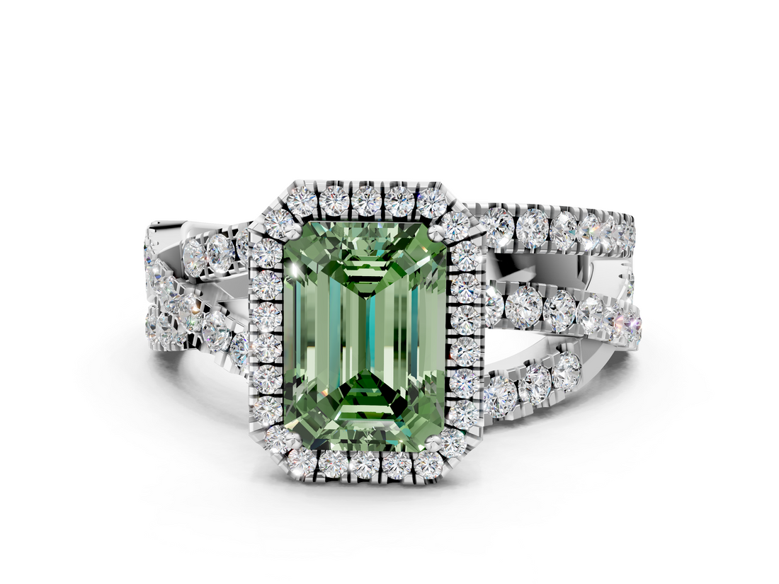 White gold Fancy Green Emerald  Cut Halo Split Shank Prong Setting Ring_60