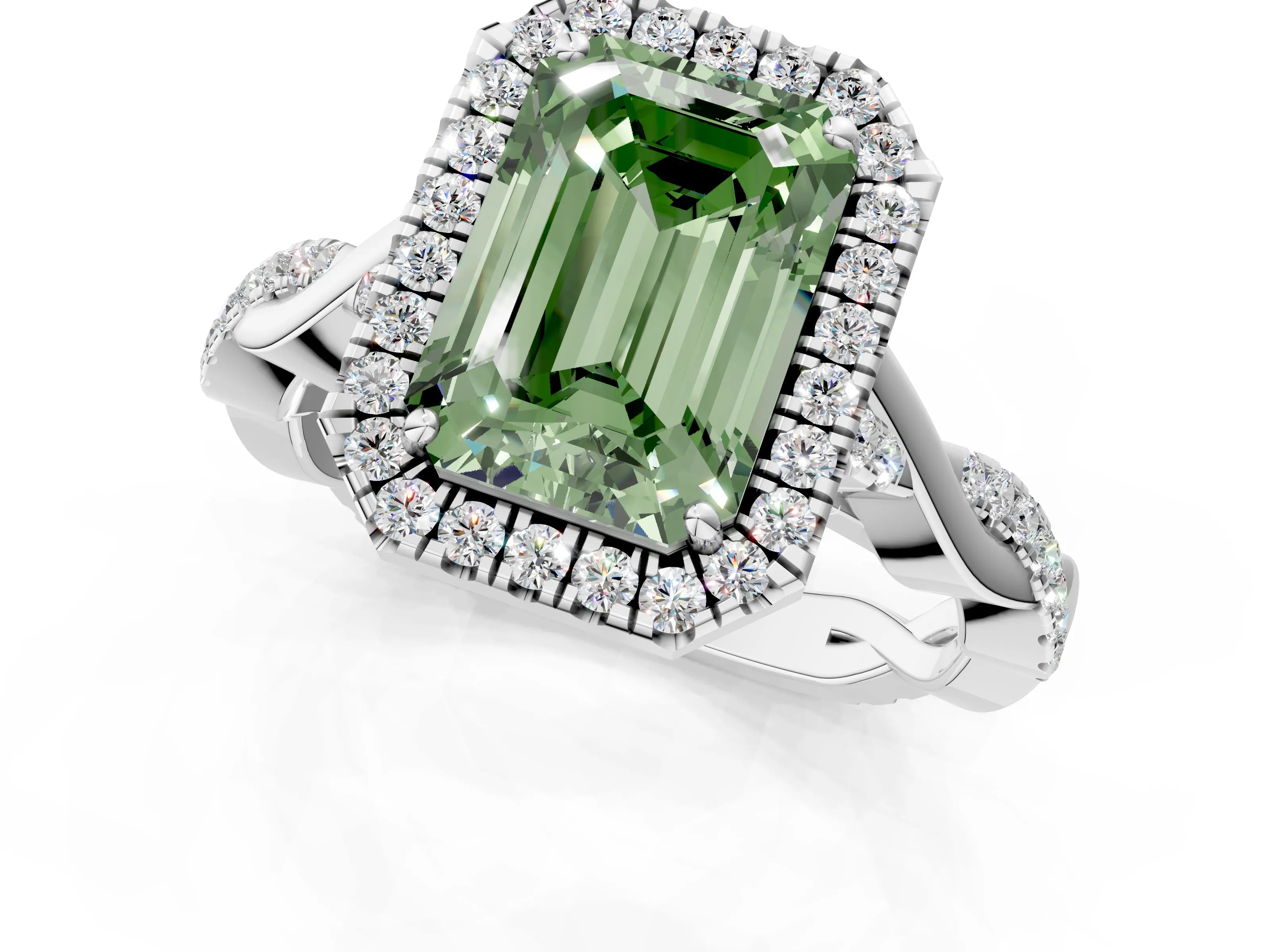 White gold Fancy Green Emerald Cut Halo Twist Band with Four-Prong Setting_1