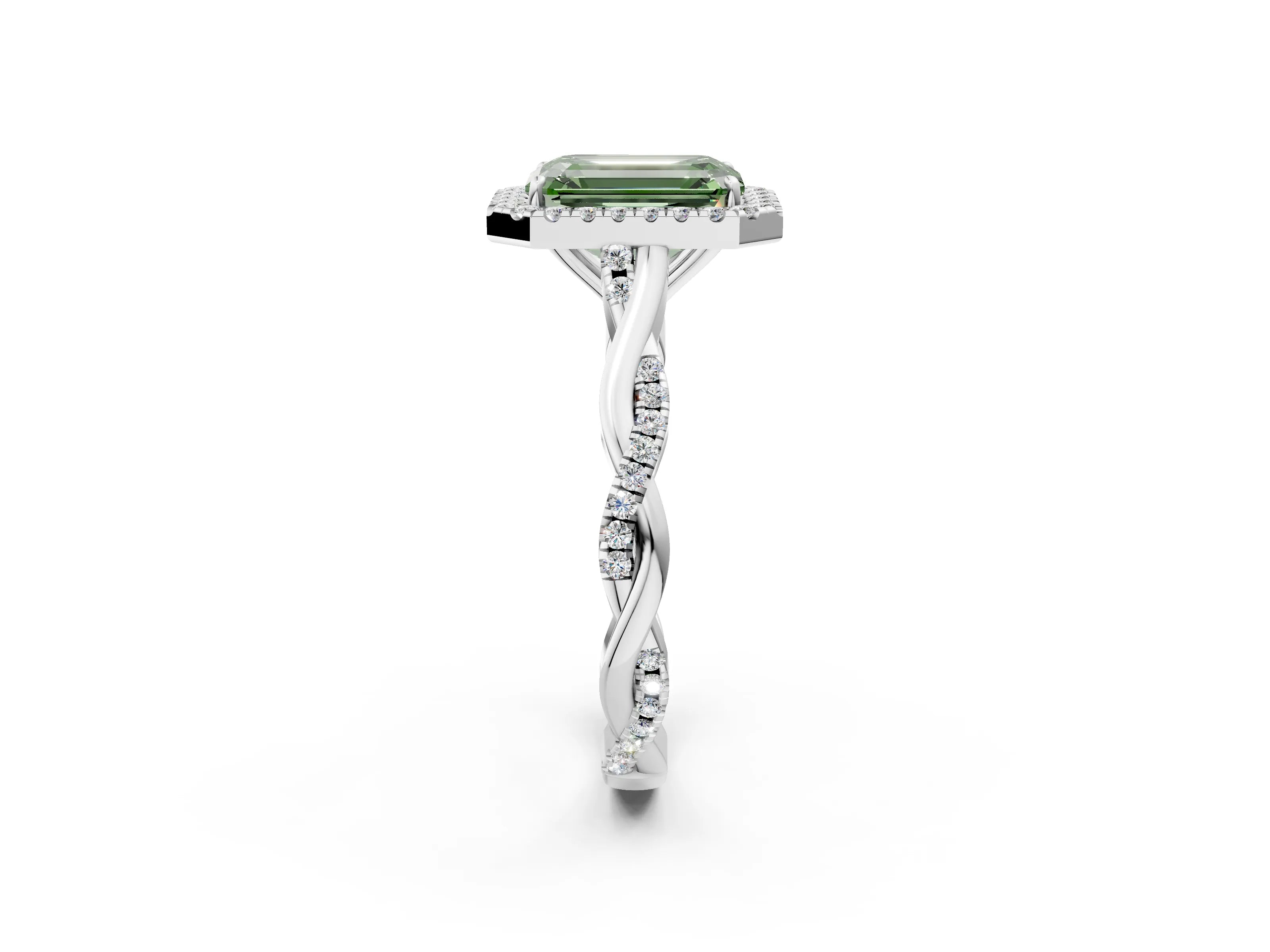 White gold Fancy Green Emerald Cut Halo Twist Band with Four-Prong Setting_2