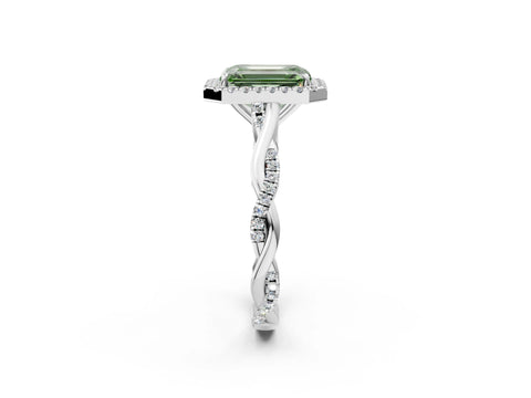 White gold Fancy Green Emerald Cut Halo Twist Band with Four-Prong Setting_2