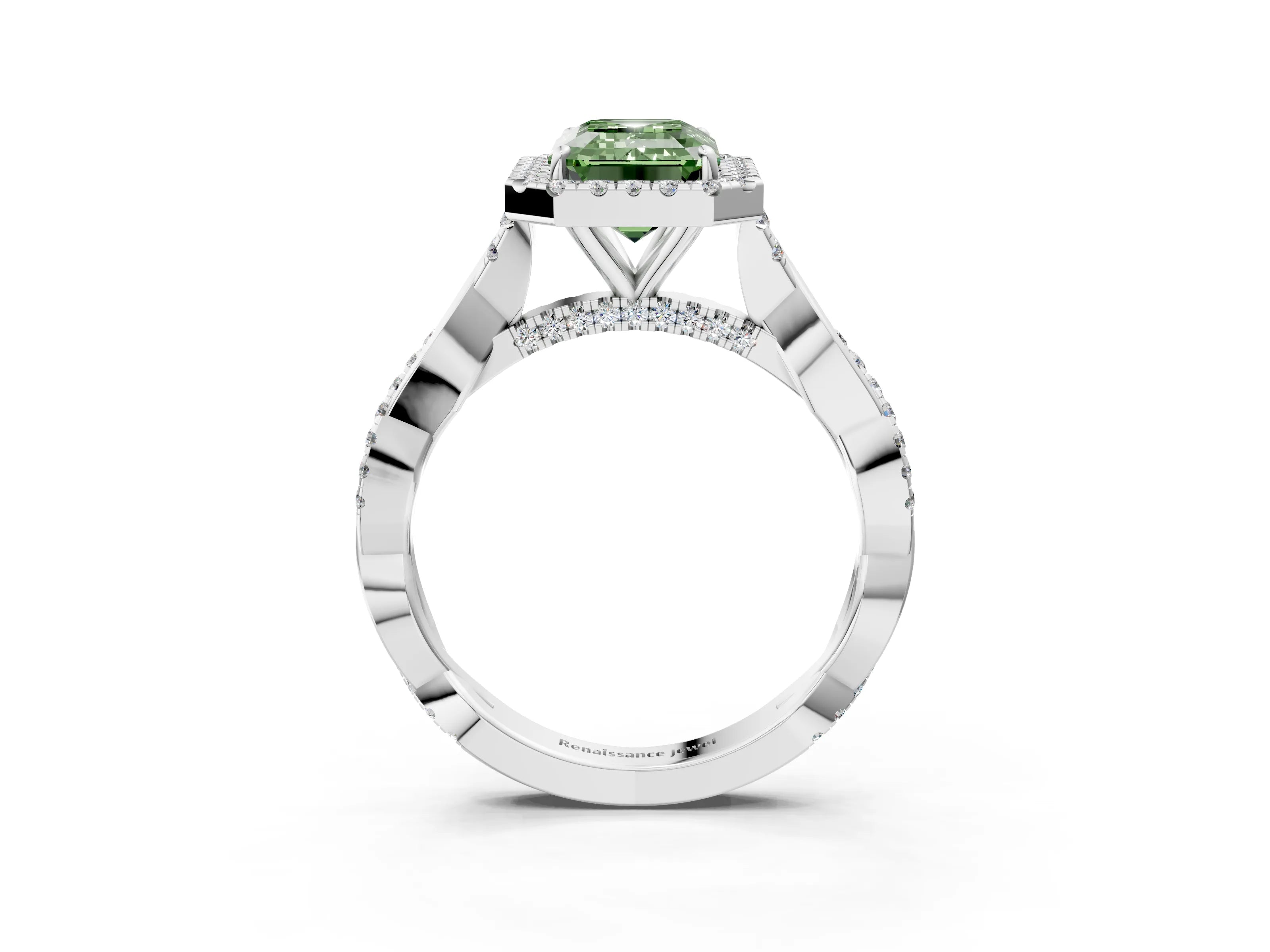 White gold Fancy Green Emerald Cut Halo Twist Band with Four-Prong Setting_3