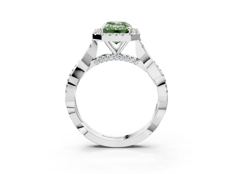White gold Fancy Green Emerald Cut Halo Twist Band with Four-Prong Setting_3