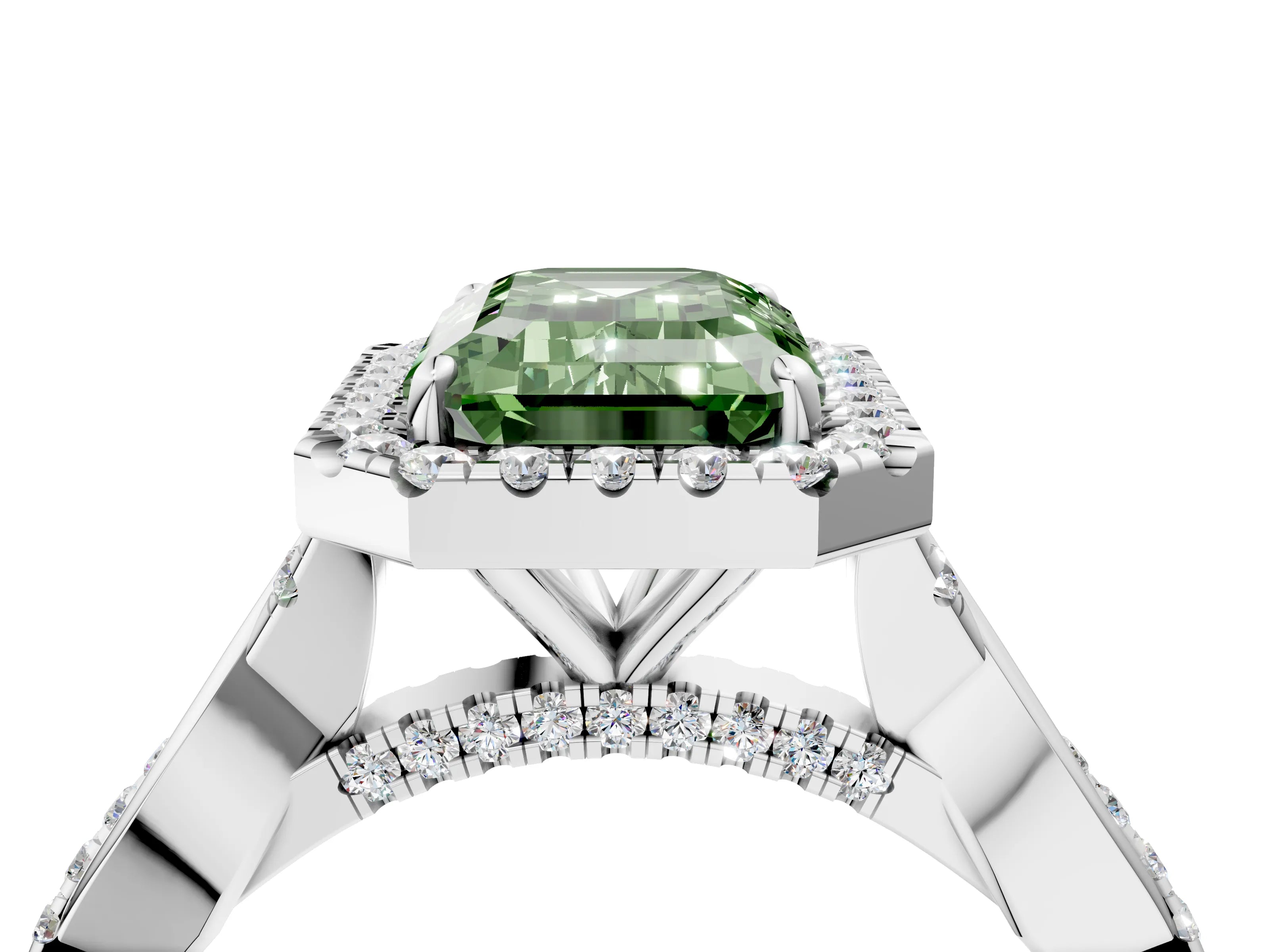 White gold Fancy Green Emerald Cut Halo Twist Band with Four-Prong Setting_4