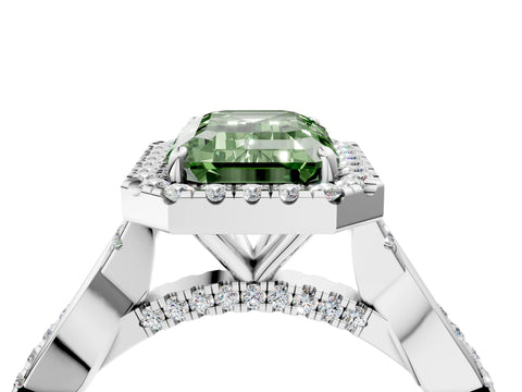 White gold Fancy Green Emerald Cut Halo Twist Band with Four-Prong Setting_4