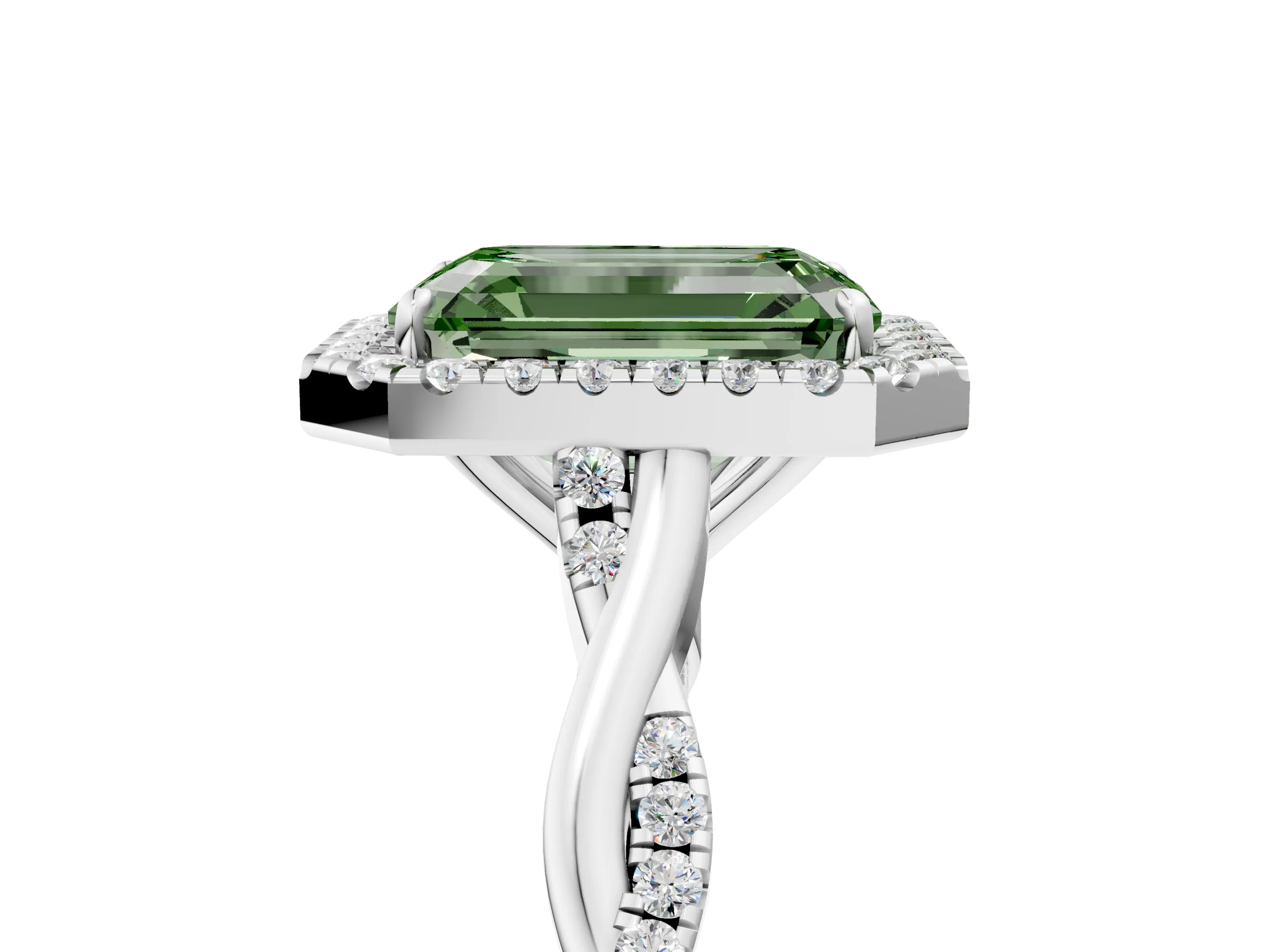 White gold Fancy Green Emerald Cut Halo Twist Band with Four-Prong Setting_5