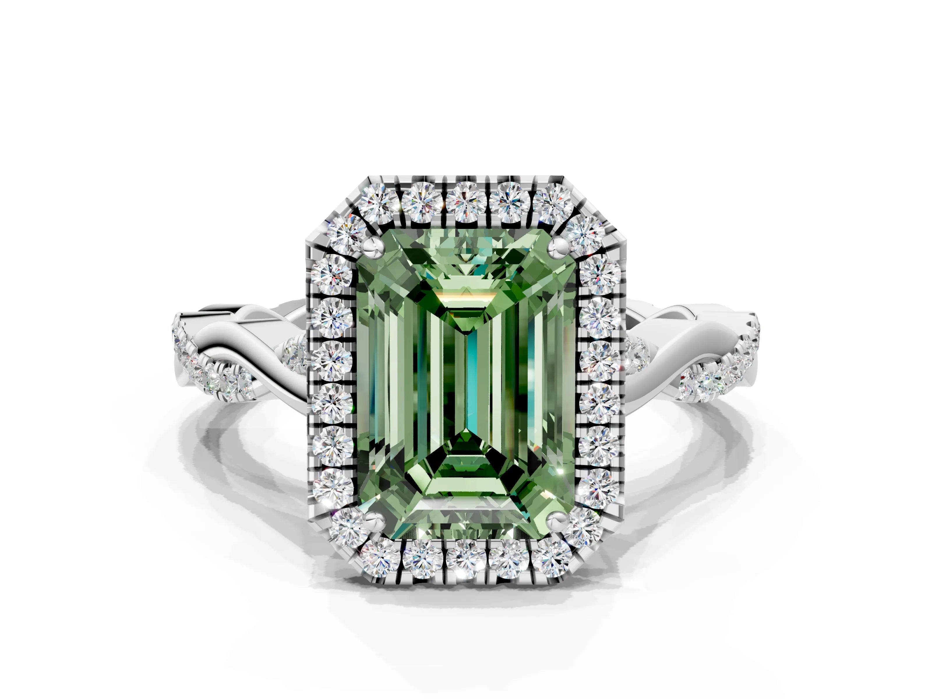 White gold Fancy Green Emerald Cut Halo Twist Band with Four-Prong Setting_72