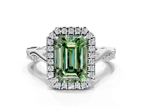 White gold Fancy Green Emerald Cut Halo Twist Band with Four-Prong Setting_72