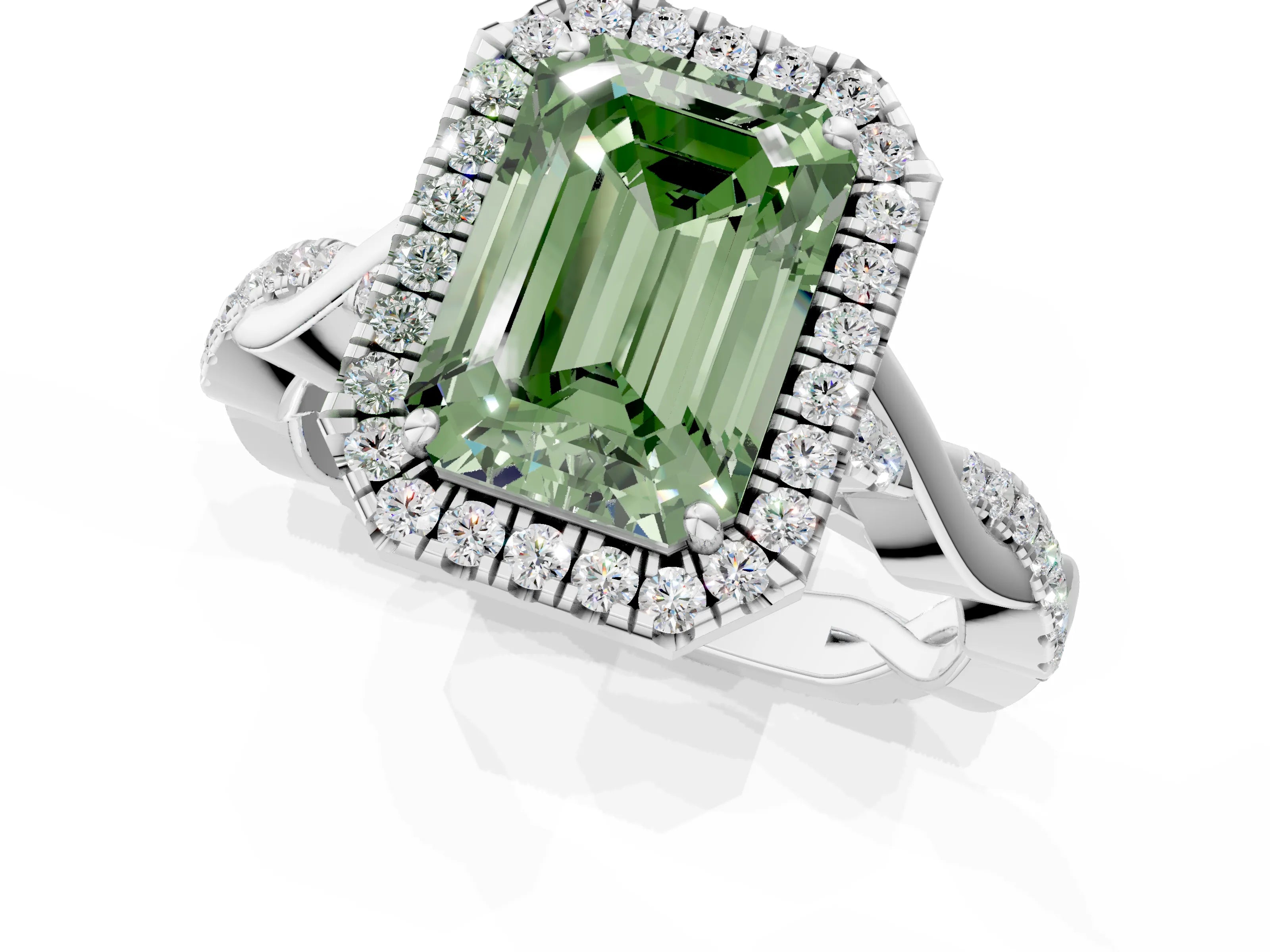 White gold Fancy Green Emerald Cut Halo Twist Band with Four-Prong Setting_73