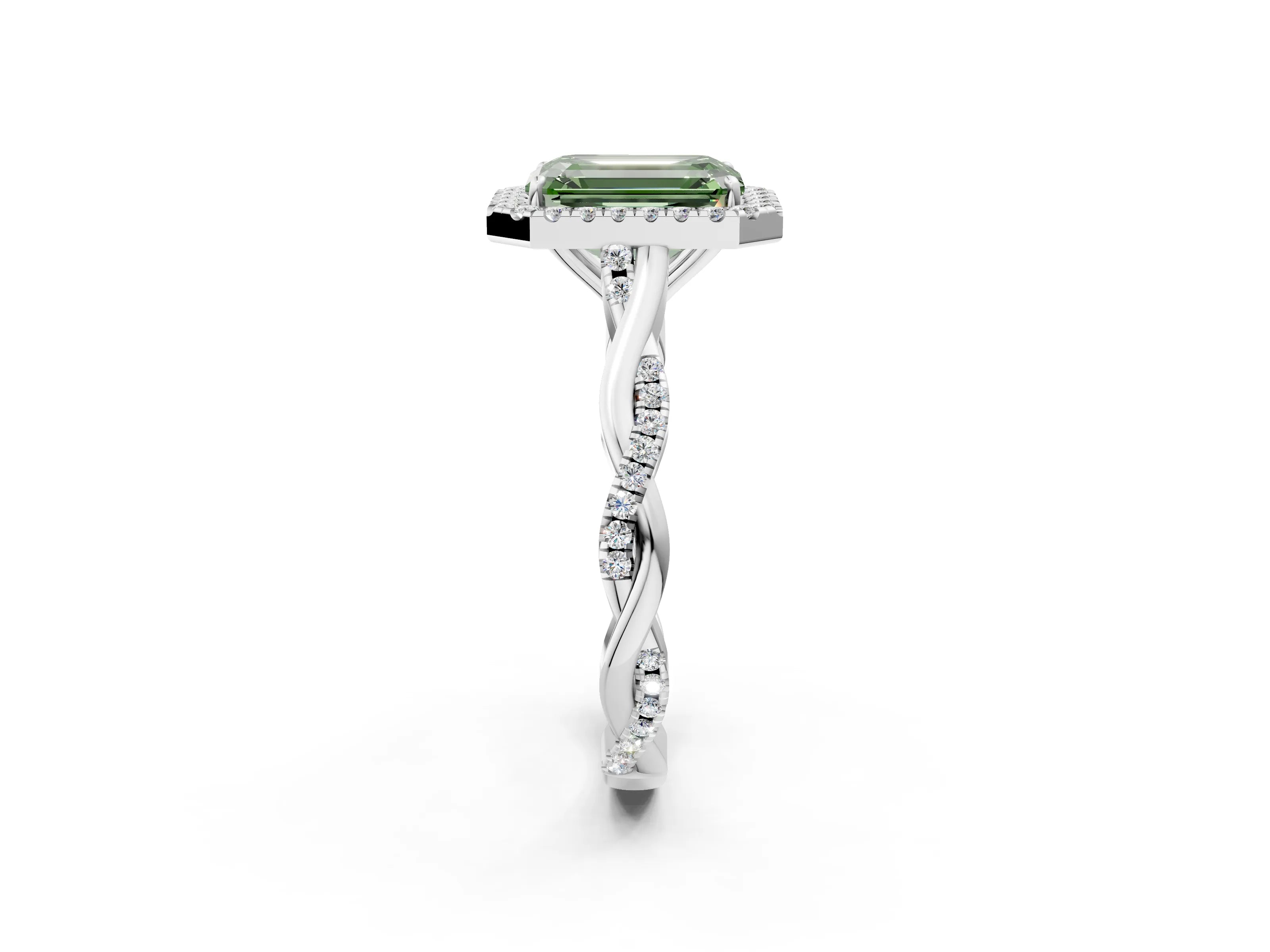 White gold Fancy Green Emerald Cut Halo Twist Band with Four-Prong Setting_74