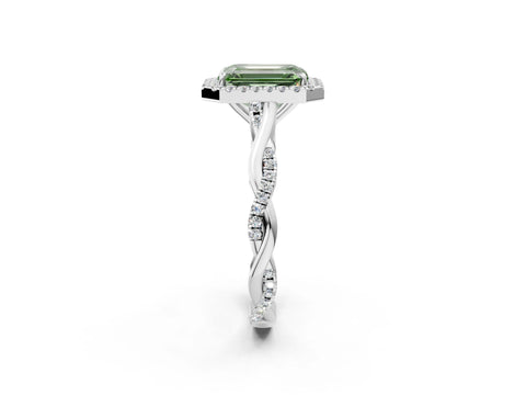 White gold Fancy Green Emerald Cut Halo Twist Band with Four-Prong Setting_74