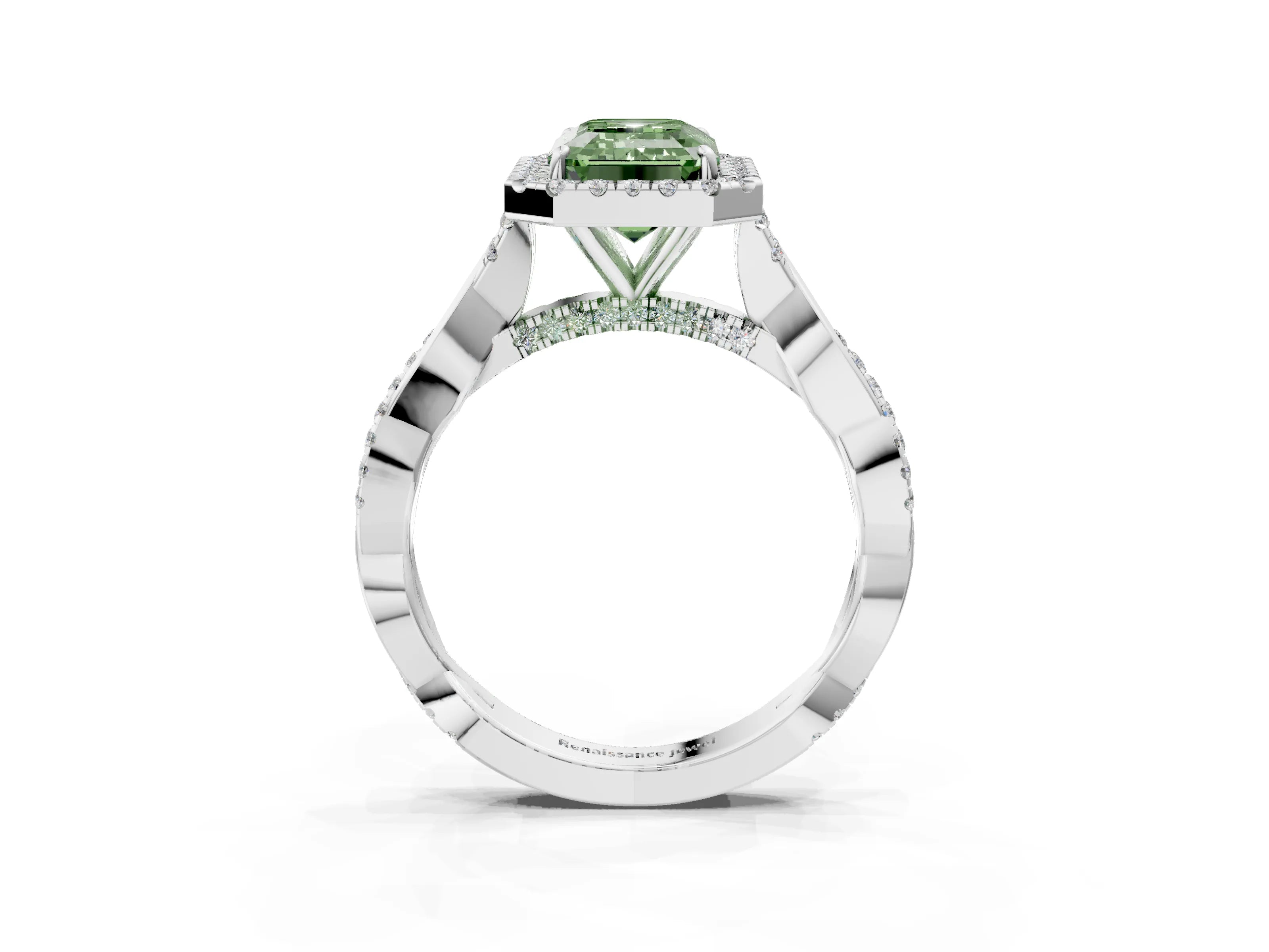 White gold Fancy Green Emerald Cut Halo Twist Band with Four-Prong Setting_75